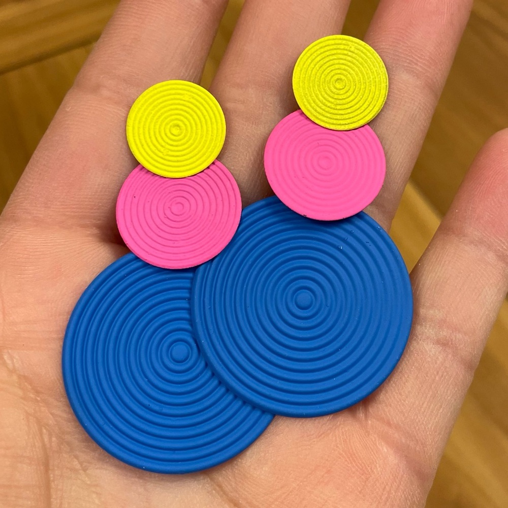 Retro 80s Neon Tri-Color Tiered Round Disc Statement Drop Earrings